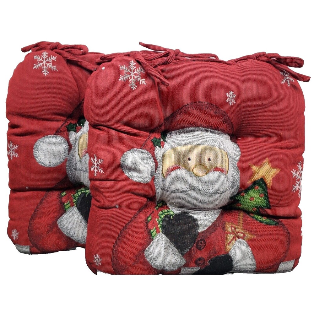 2 Same Tapestry Chair Cushion pads w/ties, 16"x16", CHRISTMAS SANTA ON RED, DII